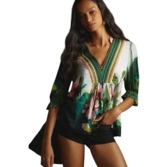 Anthropologie Bl^Nk London Stephanie Top Size XXS Green Floral V Neck Blouse 2 - Picture 12 of 15